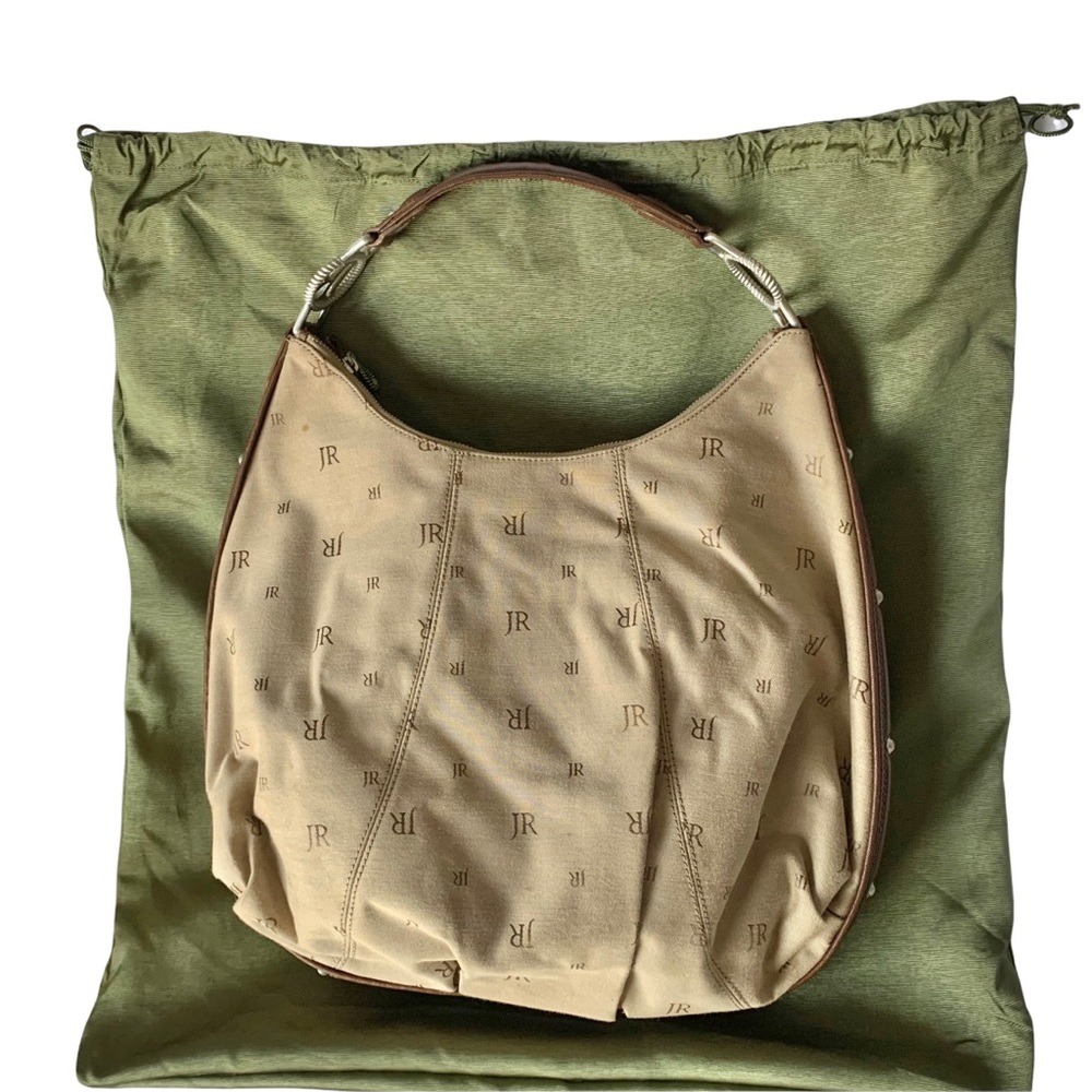 Judith Ripka JR Monogram Tan Canvas & Brown Leather Strap Hobo Satchel